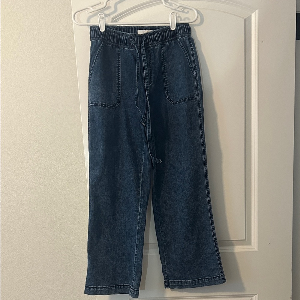 Boutique Wide Leg Drawstring Denim Pants in Dark Blue